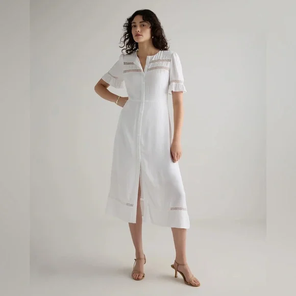 QUINCE NWT Lightweight Crepe Lace Inset Midi Dress -white -large - Picture 2 of 10